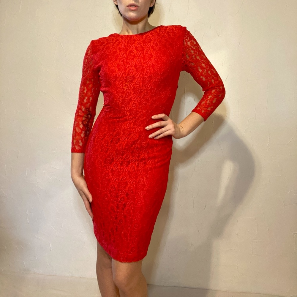 Vintage Early 80s Fire Red Open Back Lace Dress